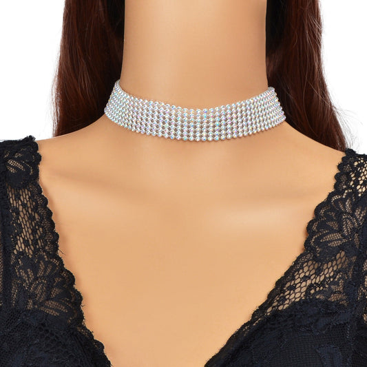 Sparkly Silver Wide Rhinestone Choker Necklace Festival Collar Neck Jewellery-0