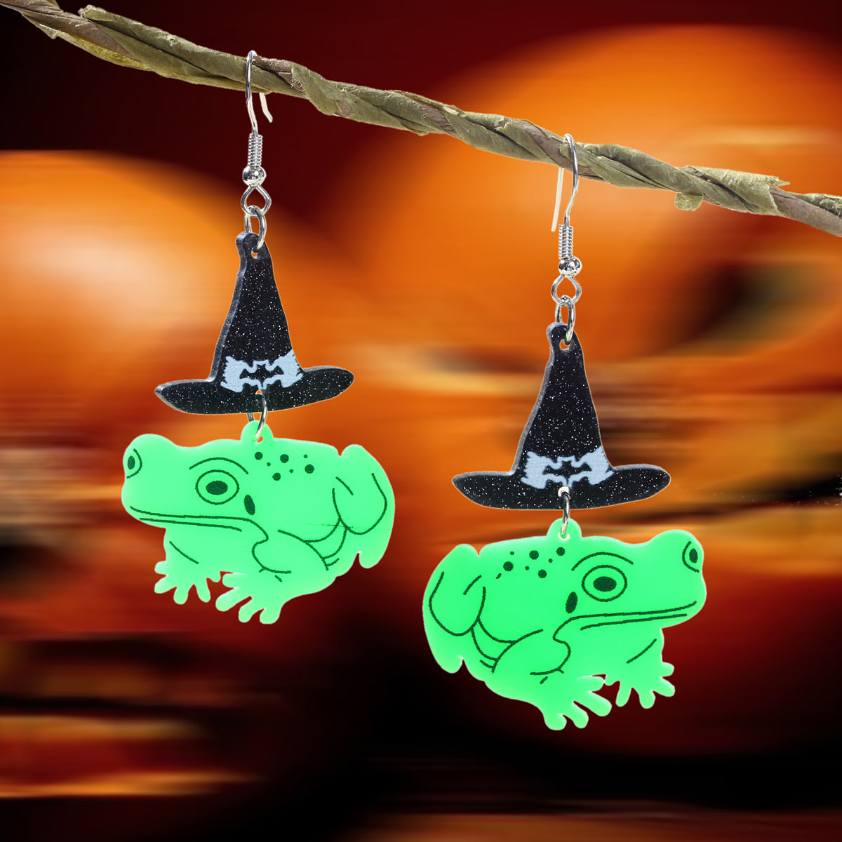 Punk Style Halloween Jewelry Black Wizard Hat Green Frog Acrylic Dangle Earrings-0