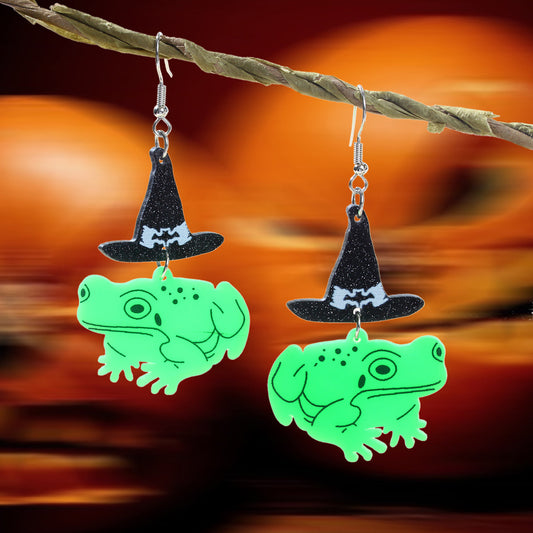 Punk Style Halloween Jewelry Black Wizard Hat Green Frog Acrylic Dangle Earrings-0