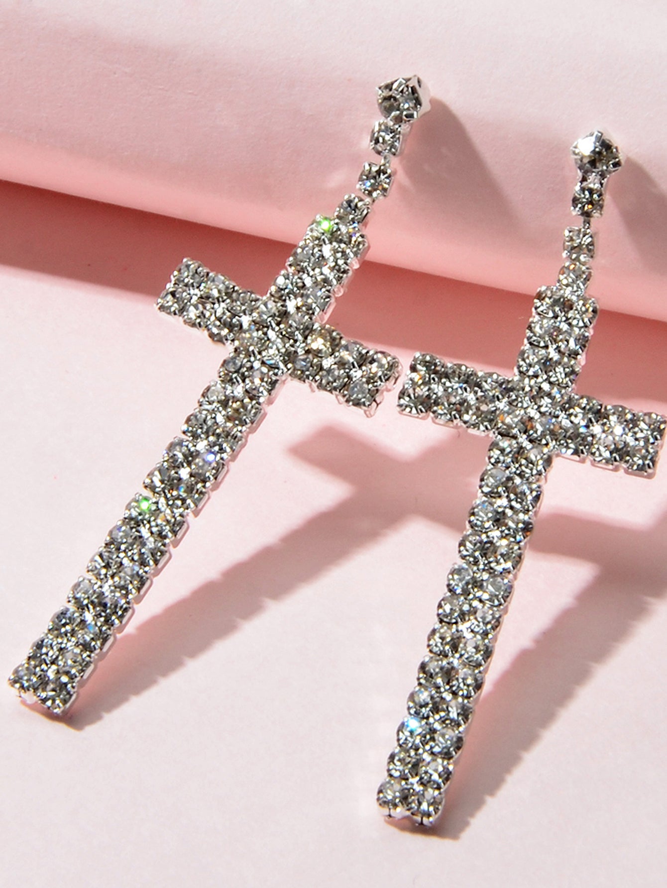 Female Jewellery Punk Shining Full Rhinestone Silver Cross Statement Earrings-1