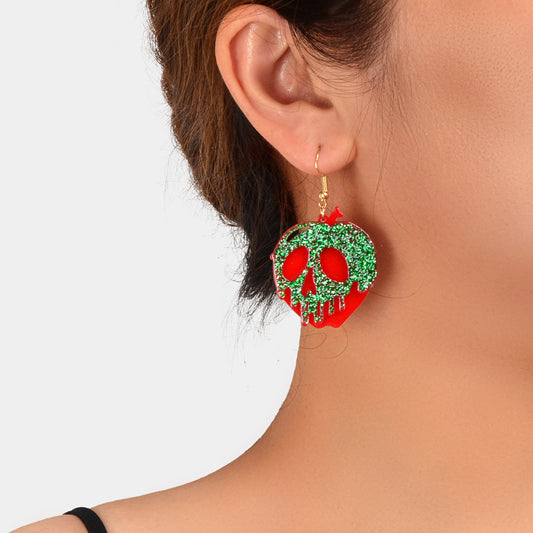 Halloween Gothic Punk Green Red Acrylic Skull Statement Dangle Hook Earrings-0