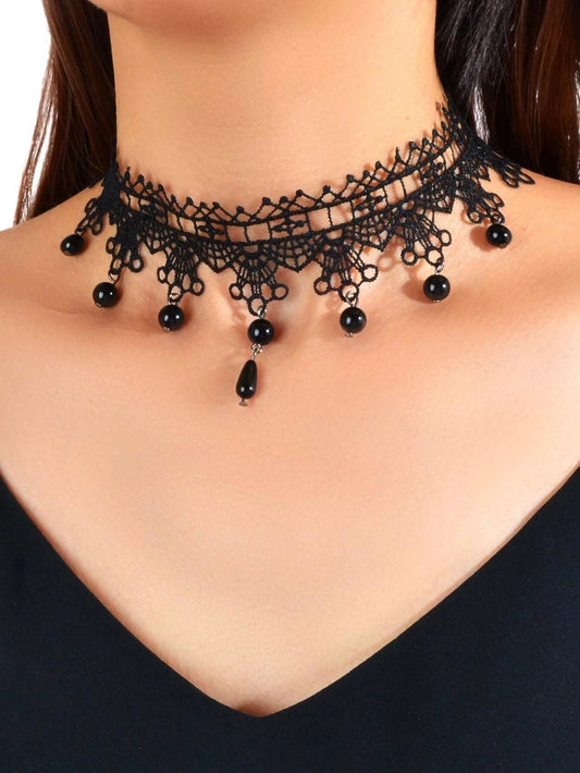 Gothic Black Lace Flower Halloween Water Drop Punk 90s Tattoo Choker Necklace-0