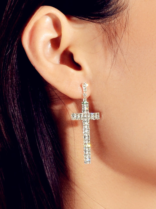 Female Jewellery Punk Shining Full Rhinestone Silver Cross Statement Earrings-0