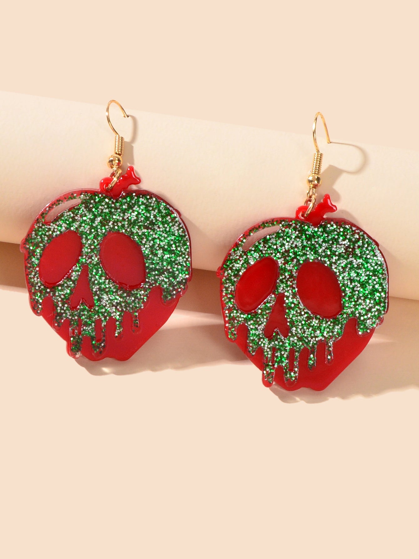 Halloween Gothic Punk Green Red Acrylic Skull Statement Dangle Hook Earrings-1