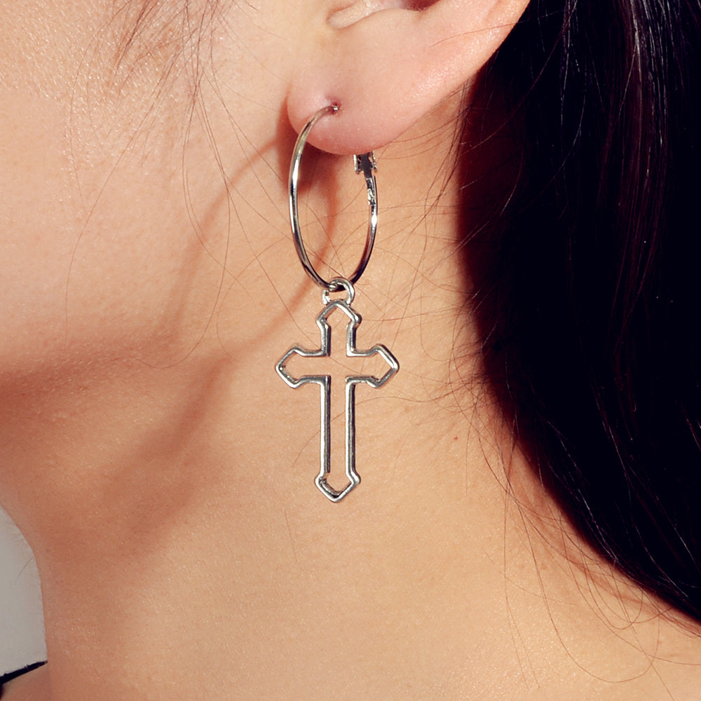 Punk Jewellery Silver Cross Statement Hoop Earrings Fashion Women Accessories-0
