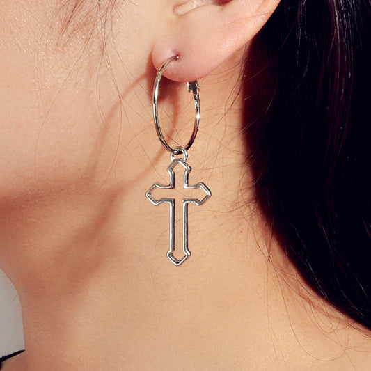 Punk Jewellery Silver Cross Statement Hoop Earrings Fashion Women Accessories-0