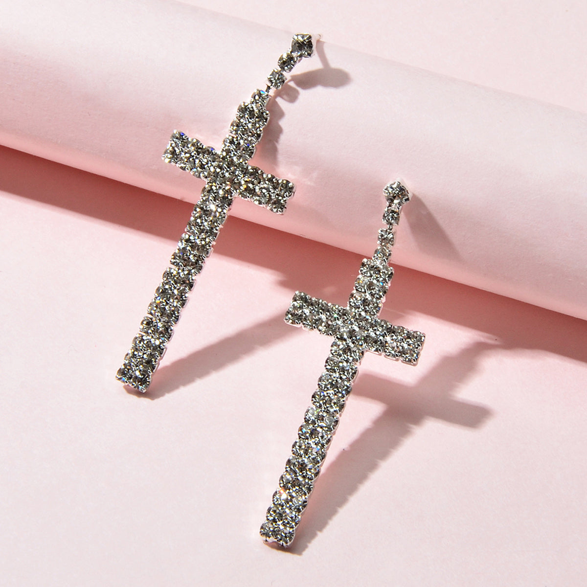 Female Jewellery Punk Shining Full Rhinestone Silver Cross Statement Earrings-2