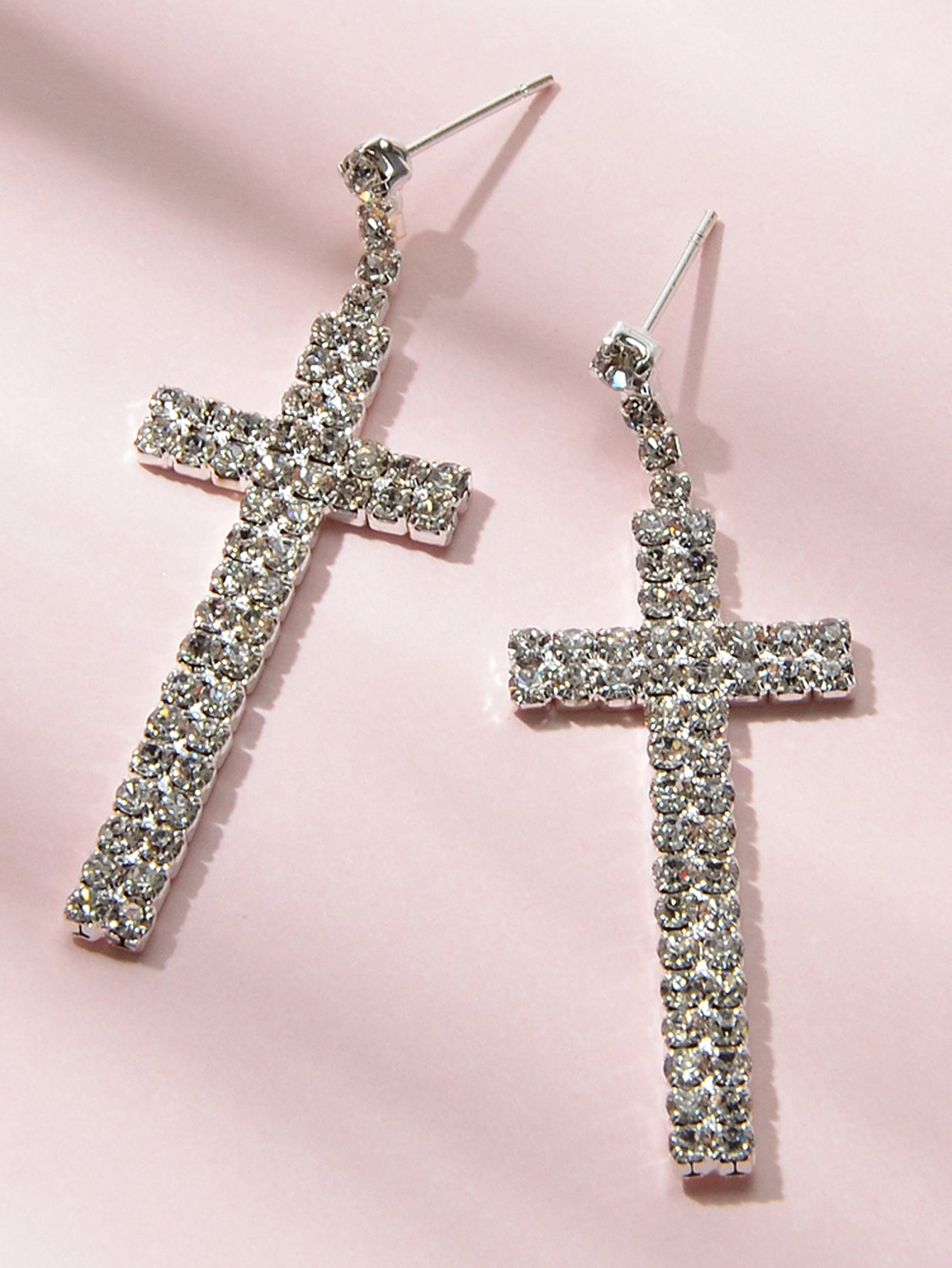 Female Jewellery Punk Shining Full Rhinestone Silver Cross Statement Earrings-3