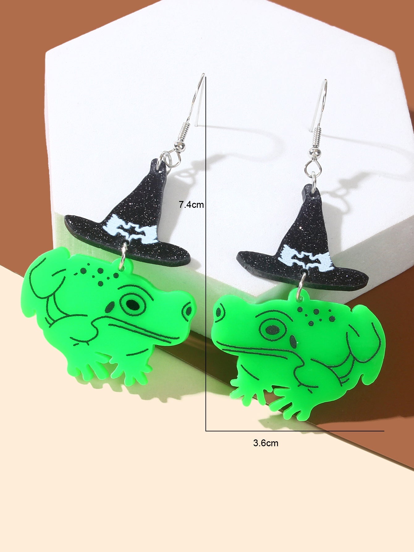 Punk Style Halloween Jewelry Black Wizard Hat Green Frog Acrylic Dangle Earrings-3