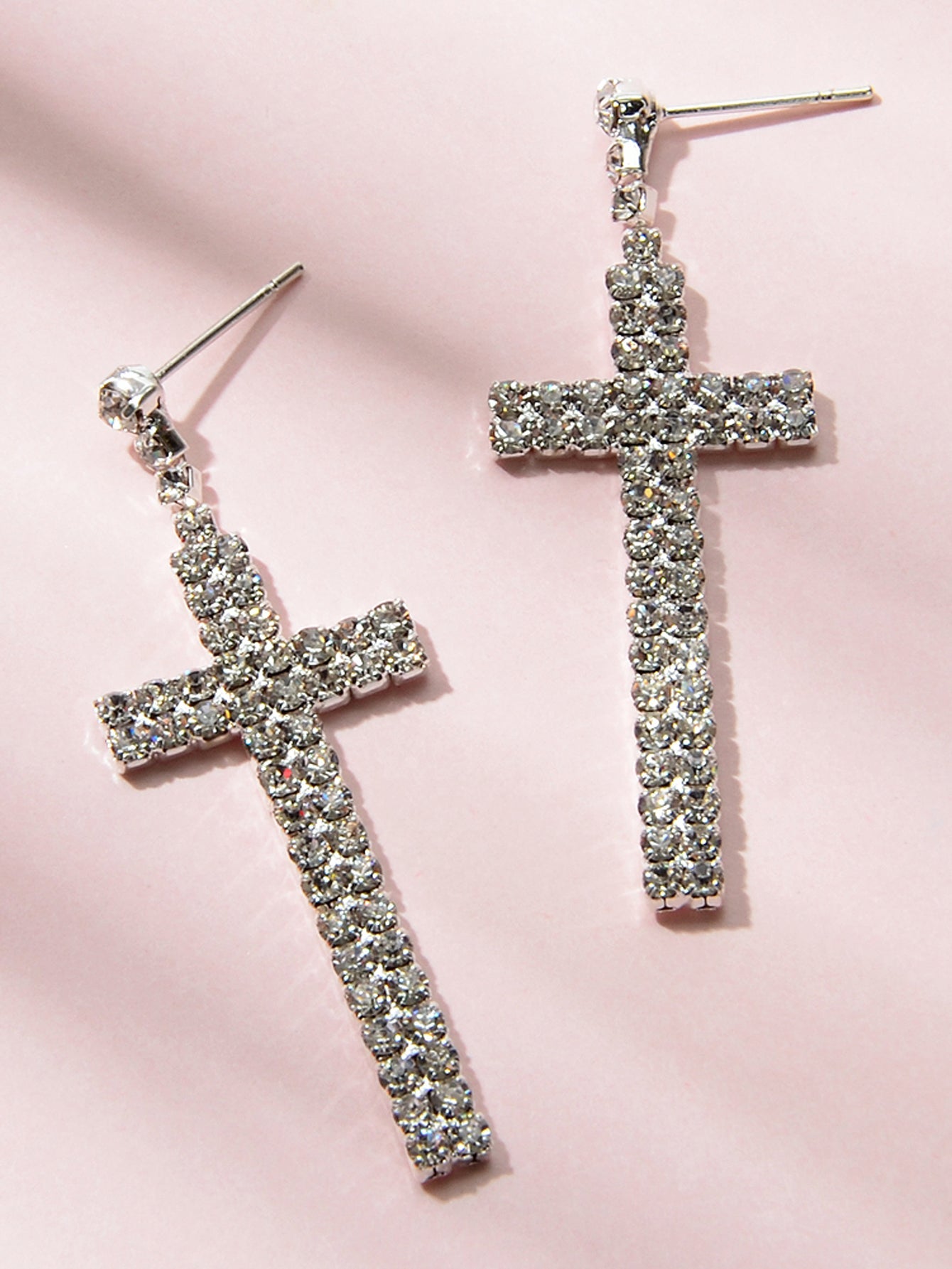 Female Jewellery Punk Shining Full Rhinestone Silver Cross Statement Earrings-4