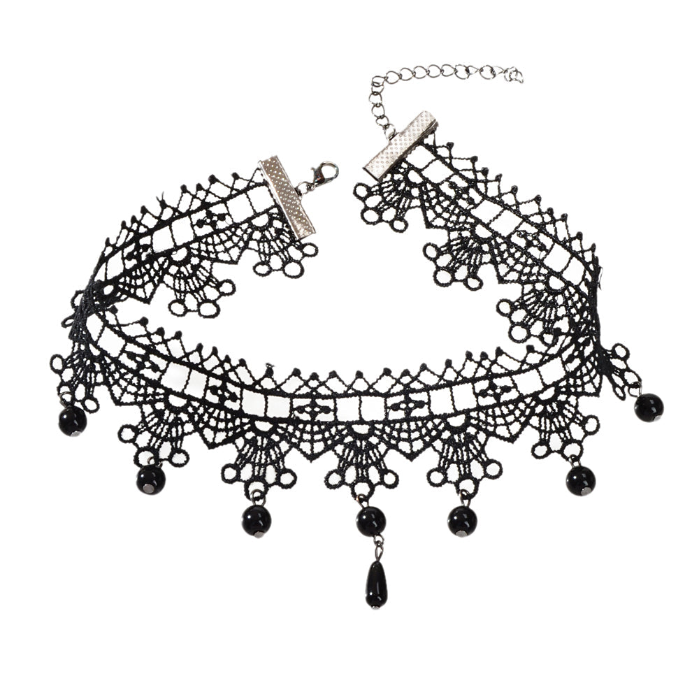 Gothic Black Lace Flower Halloween Water Drop Punk 90s Tattoo Choker Necklace-3
